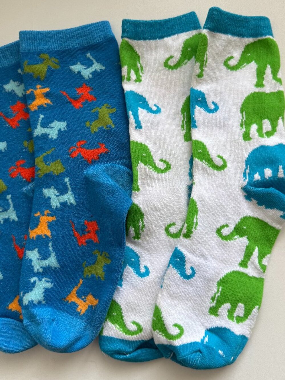 2 Pair Animal Print Crew Socks Dogs & Elephants Cute Novelty Socks